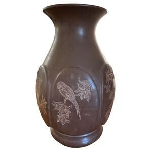 Signed Antique Chinese Asian Bronze Vase Urn Etched Birds Flower 10.5” X 7”